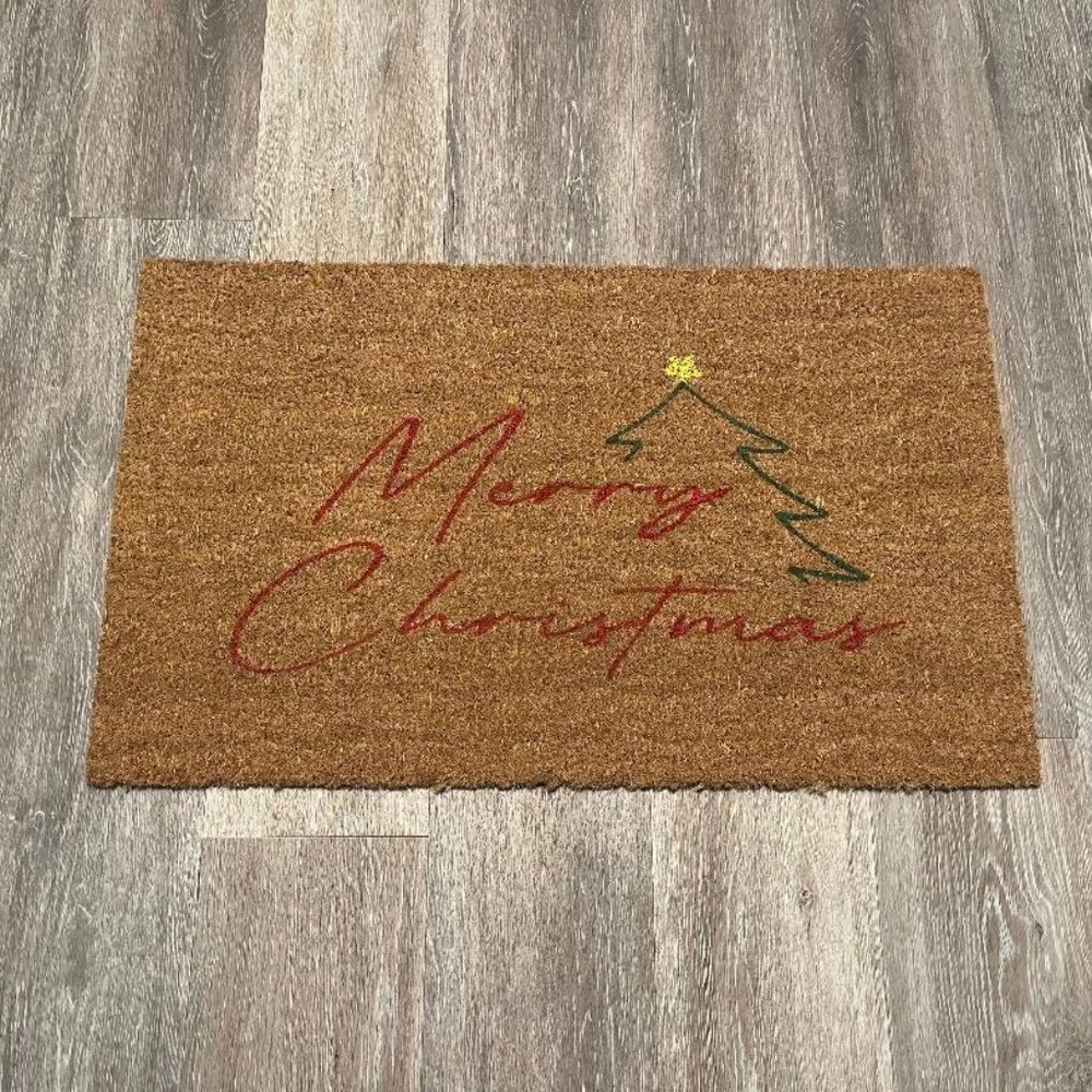 Merry Christmas with tree outline decorative coir doormat